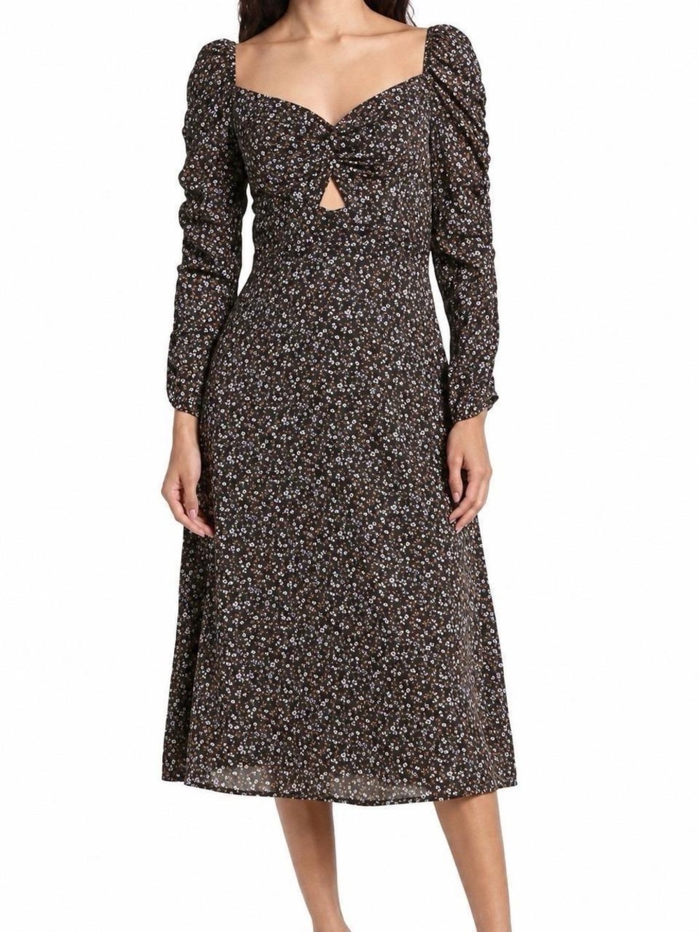 Astr Floral Midi Dress with Keyhole Puff Sleeve Midi Dress
